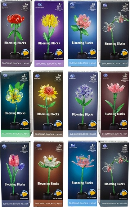 Klemmbausteine Blumen durchsichtig, 105Teile, 12fach sortiert