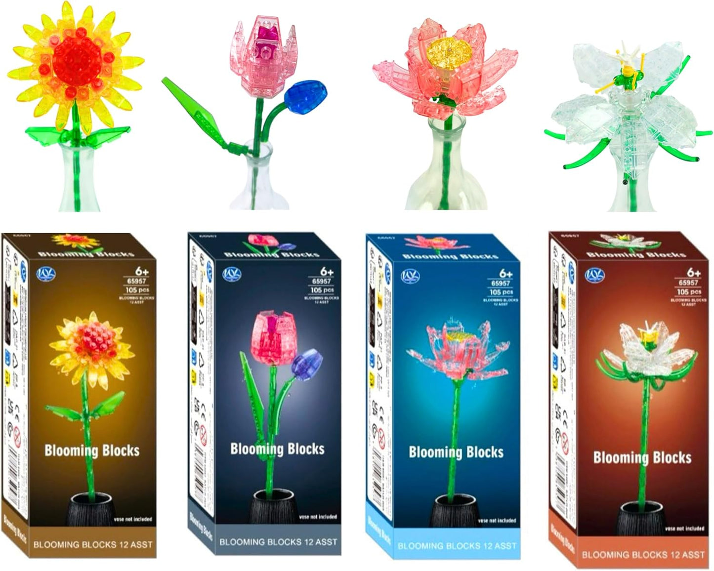 Klemmbausteine Blumen durchsichtig, 105Teile, 12fach sortiert