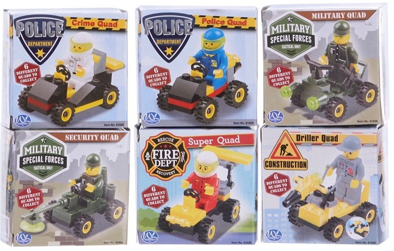 Klemmbausteine-Set 6 Quad-Fahrzeuge, Rennauto, Polizei, Feuerwehr, Baustelle, Militär