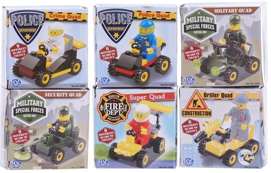 Klemmbausteine-Set 6 Quad-Fahrzeuge, Rennauto, Polizei, Feuerwehr, Baustelle, Militär