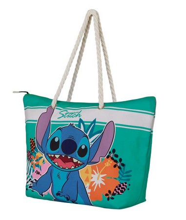 Strandtasche Stitch freundlich mit Blumen im Hintergrund
